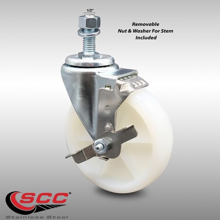 Service Caster 5 Inch SS Nylon Wheel Swivel 1/2 Inch Threaded Stem Caster with Brake SCC SCC-SSTS20S514-NYS-TLB-121315